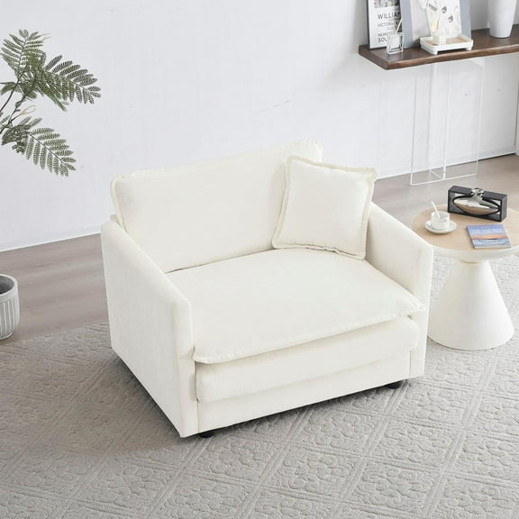 1-Seater Comfy Deep Single Seat Sofa Upholstered Reading Armchair Living Room Chair Fabric, 1 Toss Pillow (White)