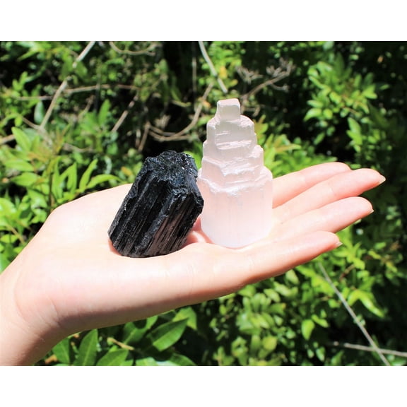 1 Selenite Tower & 1 Extra Grade Black Tourmaline Home Protection Kit Reiki