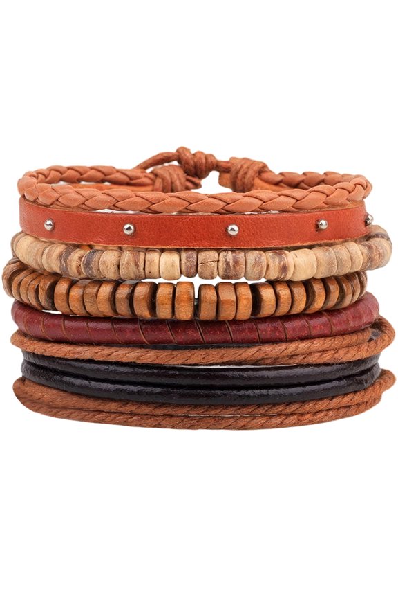 1 Set 1 Bag Multi-strand Bracelets Stackable Bracelets with Imitation Leather Waxed Cotton Cord Wooden Bead Hemp Rope and Coconut Shell Dark