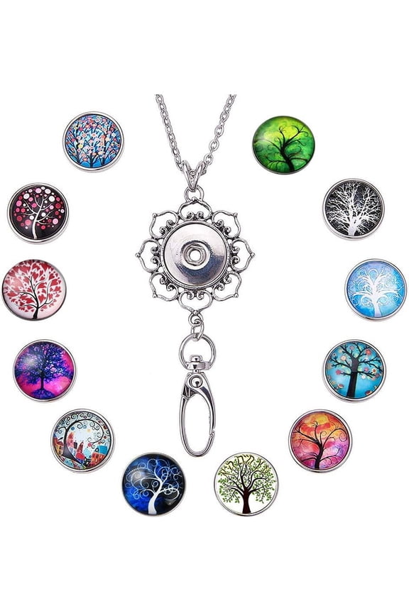 1 Set 1 Box 12Pcs Women Office Lanyard ID Badges Holder Necklace Fancy Tree of Life School Stainless Steel Badge Lanyards Breakaway Snap Buttons Charms Jewelry Pendant Clip for Teacher Nurses