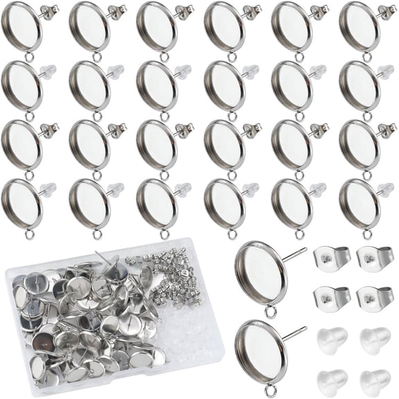 1 Set 1 Box 180Pcs 12mm Cabochon Earring Blanks Earrings Tray Findings Stainless Steel Flat Pad Round Bezel Cup Stud Earring Settings Posts and Back for Jewelry Making Kits Resin Supplies DIY Craft