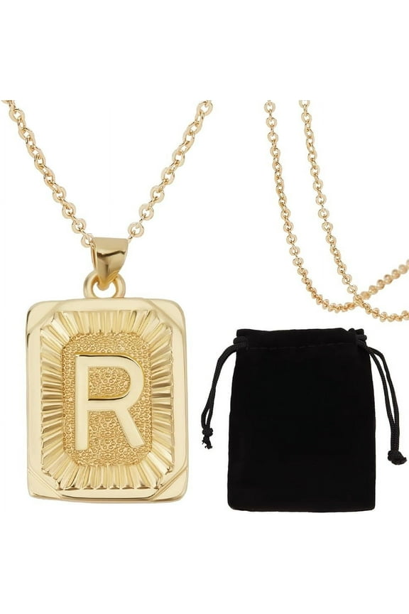 1 Set 1 Box 1Pc Monogram Name Necklace 18K Gold Plated Brass Initial R Necklace with Rectangle Velvet Pouches for Women