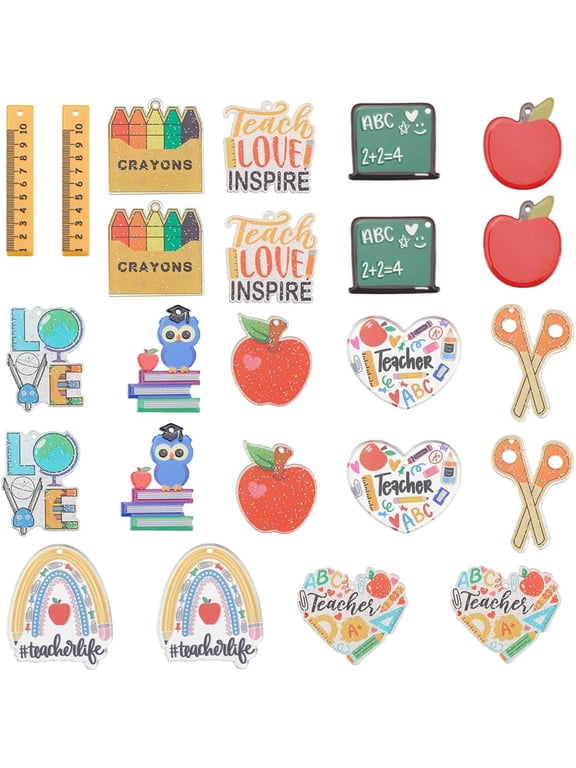 1 Set 1 Box 24Pcs 12 Styles Teacher Charms School Book Charm Colorful Acrylic Student Class Graduation Black Board Ruler Pendant Charm for Jewelry Making Charms Teachers's Day Graduation Season