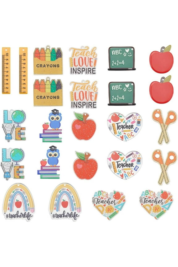 1 Set 1 Box 24Pcs 12 Styles Teacher Charms School Book Charm Colorful Acrylic Student Class Graduation Black Board Ruler Pendant Charm for Jewelry Making Charms Teachers's Day Graduation Season