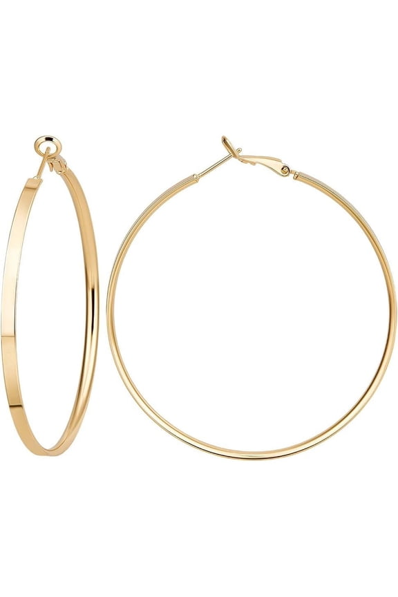 1 Set 1 Box 3 Pairs Earrings Loops for Women Real 14K Gold Plated Brass Large Circle Round Hoop Earrings Metal Lightweight Chunky Earrings Oversize Gold Earrings Set 60mm