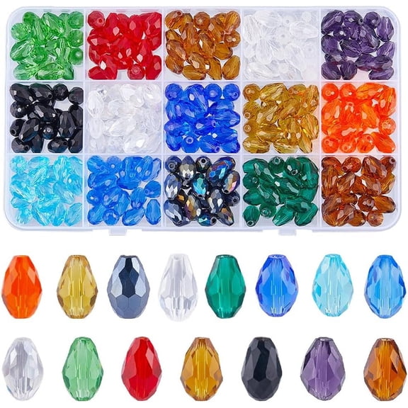 1 Set 1 Box 300Pcs 15 Colors Teardrop Glass Beads Vertical Hole 12mm Faceted Crystal Beads Suncatcher Beads Glass Crystal Bulk for Jewelry Making Beading Supplies DIY Bracelet Necklace Earrings