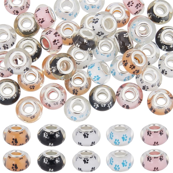 1 Set 1 Box 50Pcs 5 Colors Large Hole Paw Print Beads European Rondelle Spacer Bead Bulk Brass Core Resin Transparent Cat Claw Pattern Loose Beads for Jewelry Making Bracelet DIY Crafts Supplies