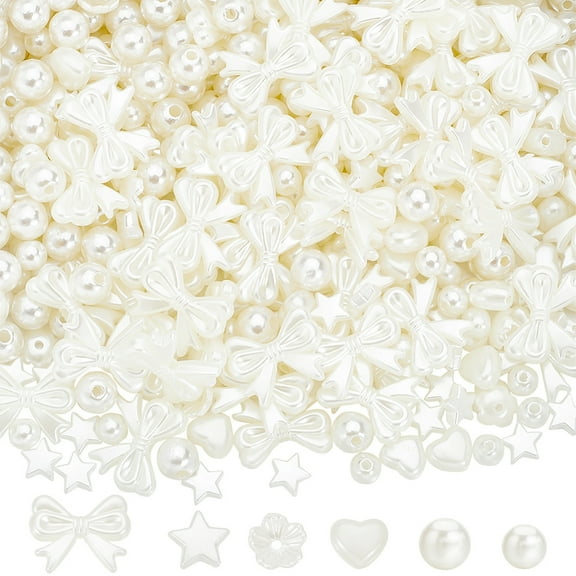 1 Set 1 Box 520Pcs 6 Styles White Bow Beads Imitation Pearl Beads Bulk Cute ABS Plastic Round Pearls Bows Star Heart Bead for Jewelry Making DIY Crafting Bracelets Necklaces Earrings Women Gifts