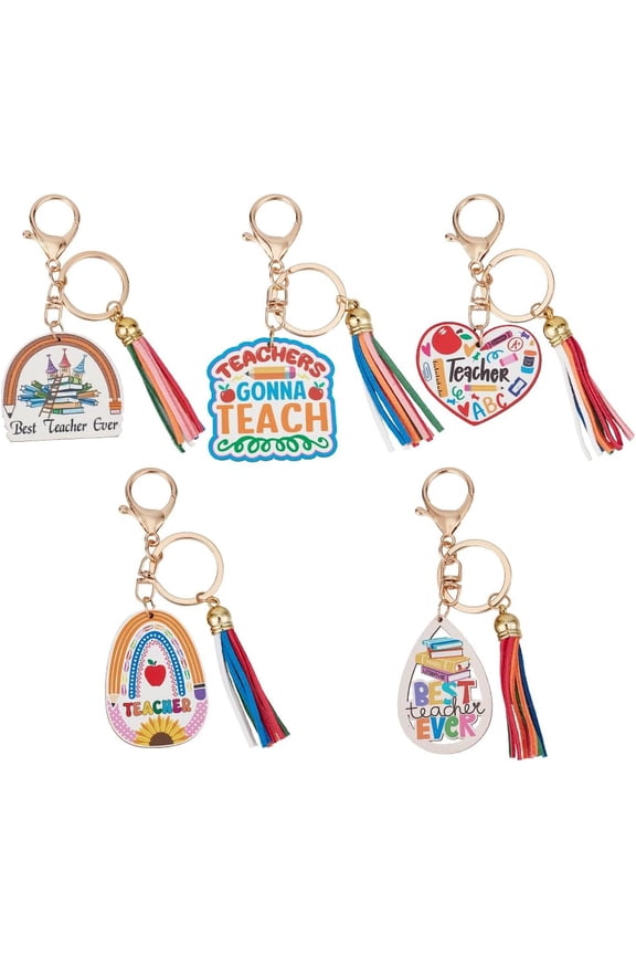 1 Set 1 Box 5Pcs 5 Colors Teacher Key Chain Set School Keychain Blanks Wood Book Flower Tassel Charm Class Purse Keychains Kit for Car Key Keychains Teachers Day Gift Party Favor Wedding Favors
