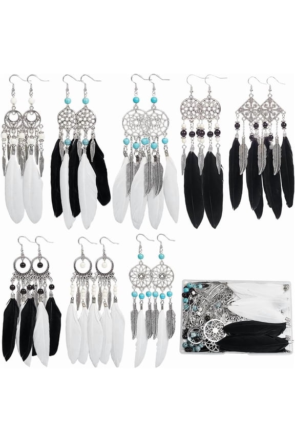1 Set 1 Box 8 Pairs Earrings Making Kit Feathers Charm Bulk Bohemian White Black Feathers Charms Earring Chandelier Charms Bohemian Charms for Jewelry Making Kits Adults Women Gifts Supplies