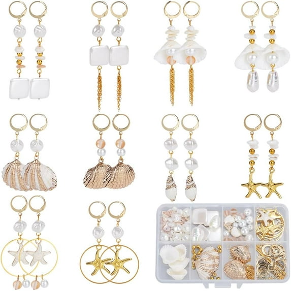 1 Set 1 Box DIY 10 Pairs Shell Earrings Kit Real 18K Gold Huggie Findings Ocean Themed Electroplate Natural Spiral Shells Alloy Enamel Light Golden Starfish Bead Charm for Jewelry Making Kits