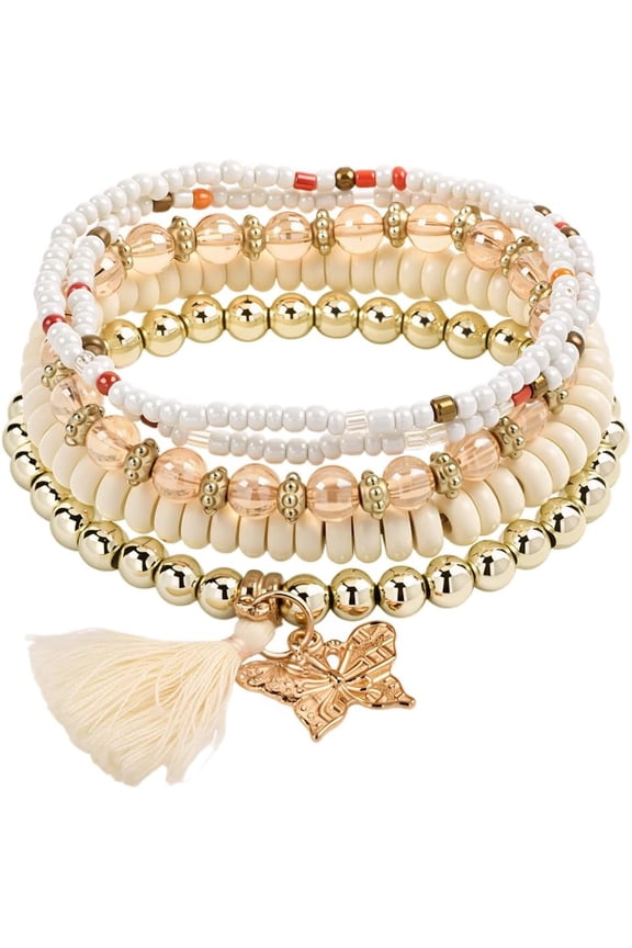 1 Set 1 Set Vacation Style Glass Beaded Stackable Stretch Bracelets Set for Women Golden 7-7/8 inch(20cm) 5 styles 1pc/style