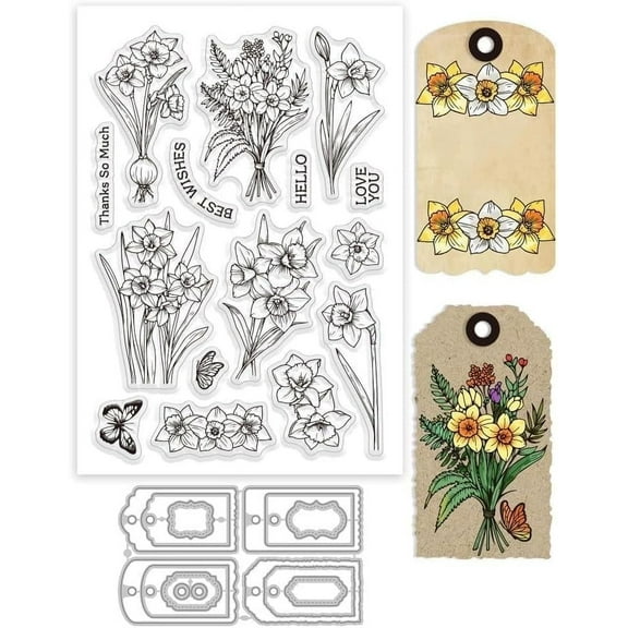 1 Set 1 Sheet PVC Plastic Stamps with 1Pc Carbon Steel Cutting Dies Stencils for DIY Scrapbooking Photo Album Decorative Embossing Paper Card Flower Stamp: 160x110x3mm