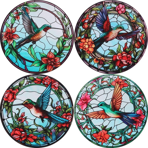 1 Set 10" Hummingbird Window Decals 4 Styles Flower Static Film Clings Round Non Adhesive Reusable Removable PVC Waterproof Glass Decorative Wall Stickers Anti-Collision for Home Store Door Display