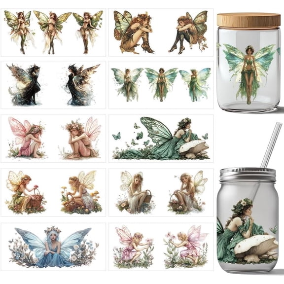 1 Set 10 Pcs Elf UV DTF Cup Wrap Transfer Sticker 10 Styles Magic Fairy Transfer Paper Rub on Stickers PVC Cup Wrap Waterproof Rub Decals for Cup Glass Wood Furniture 24x11cm/9.4x11inch