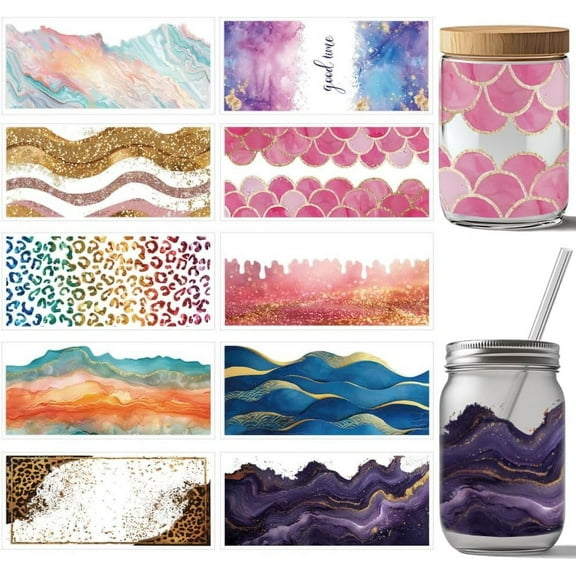 1 Set 10 Pcs UV DTF Cup Wrap Transfer Sticker 10 Styles Marbling Transfer Paper Watercolor Gold Foil Rub on Stickers Leopard Scale Waves Sticker Waterproof Rub Decals for Craft Glass 9.4x11inch