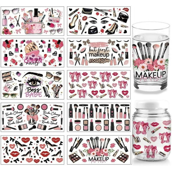 1 Set 10 Sheets Makeup Theme UV DTF Cup Wrap Lipstick Heel Lip Print Pattern Rub on Decals PVC Transfer Stickers for DIY 16OZ Glass Cup or Cosmetic Holder