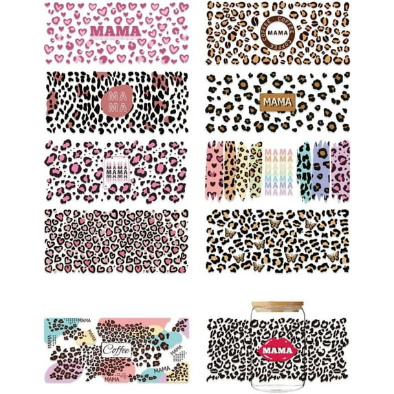 1 Set 10 Sheets UV DTF Cup Wrap Transfer Stickers Leopard Print Rub on Decals Leopard Mama Theme Waterproof Personalized UV DTF Stickers for DIY Bottles Drink Jam Cake Container