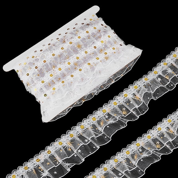 1 Set 10 Yards Double Layer Polyester Pleated Lace Trim Hot Stamping Star Lace Ribbon Garment Accessories White 1-3/4 inch(43mm)