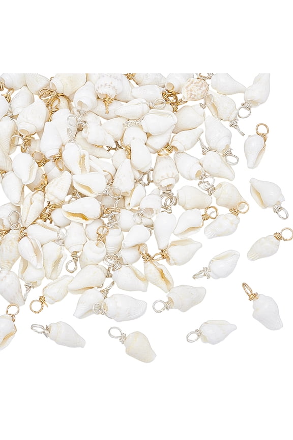 1 Set 100Pcs 2 Colors Natural Trumpet Shell Pendants Shell Shaped Charms with Copper Wire Loops White Golden & Silver 16mm Hole: 2.5~3mm