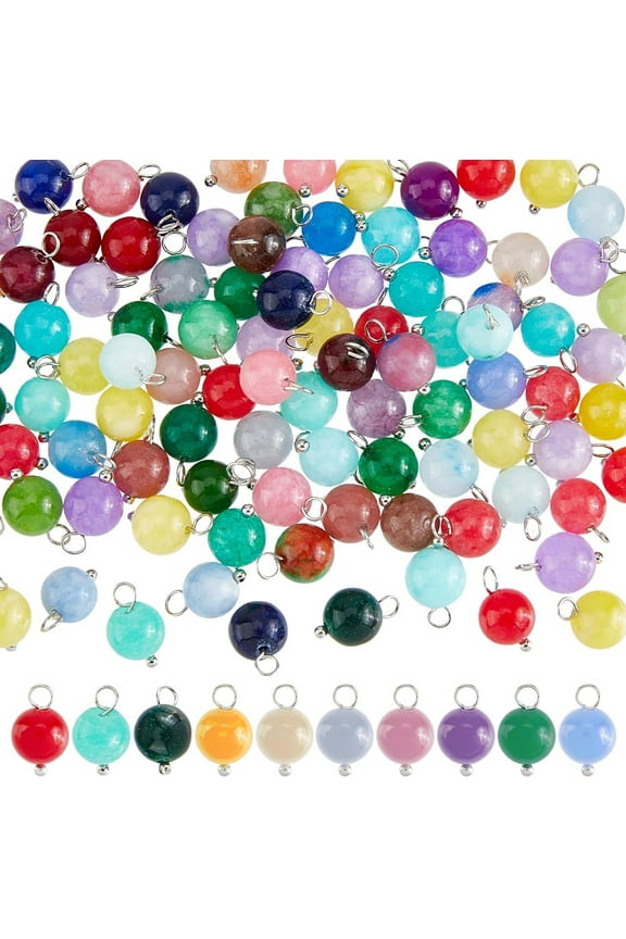 1 Set 100Pcs Random Color Natural Round Gemstone Charms Faceted Round Chakra Charms with Platinum Loops Crystal Stone Pendants for DIY Bracelet Necklace Jewelry Findings