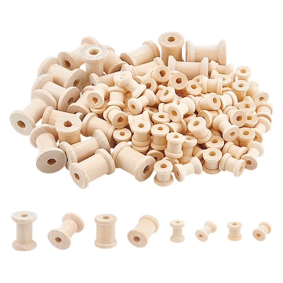 1 Set 100pcs 4 Sizes Wooden Empty Spools Mini Wire Weaving Bobbins 2 Colors Natural Wood Sewing Thread Spool for Embroidery Sewing Ribbon Winding Spool for Fishing Line DIY Crafts
