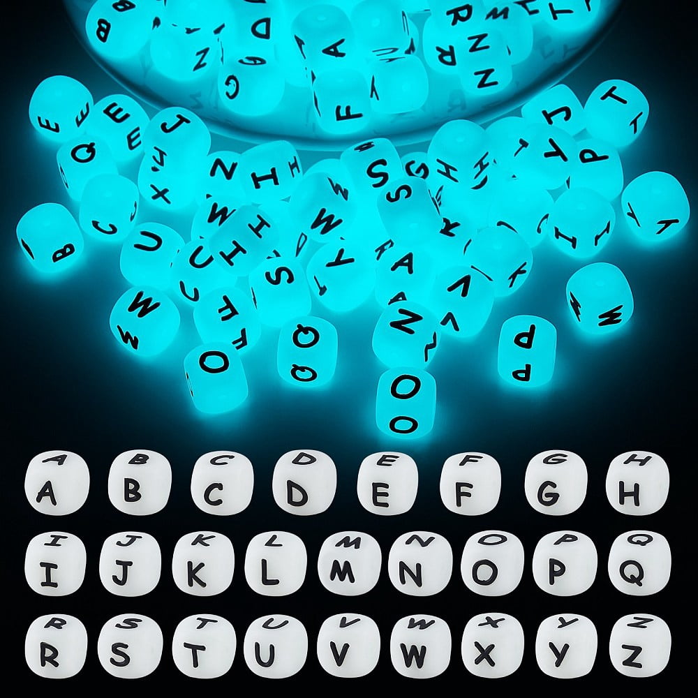 1 Set 104 Pcs Luminous Cube Silicone Beads Letter Square Dice Alphabet Beads with 2mm Hole Spacer Loose Letter Beads White 12mm Hole: 2mm