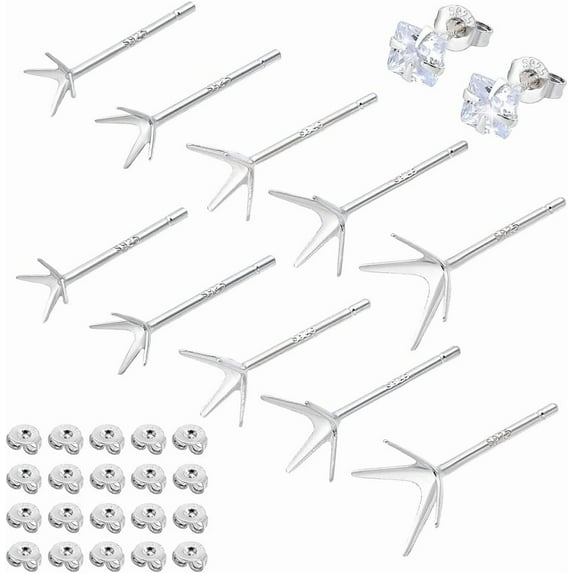 1 Set 10Pairs 5 Styles 925 Sterling Silver Ear Studs 4-Prong Earrings Settings with 10Pairs Rhodium Plated Sterling Silver Friction Ear Nuts Silver 4.5~11x3.5~7.5mm