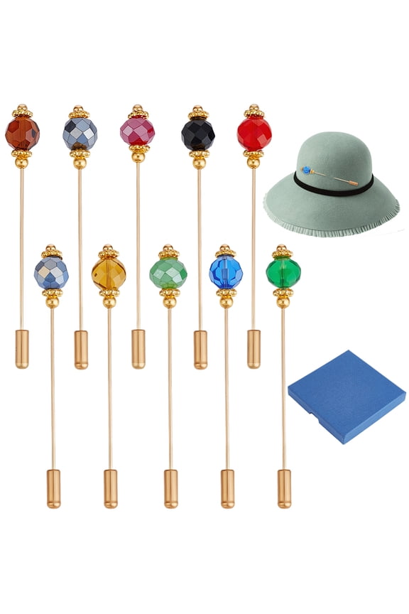 1 Set 10Pcs 10 Colors Glass Hat Pins Brass Brooches Mixed Color 87mm 1pc/color