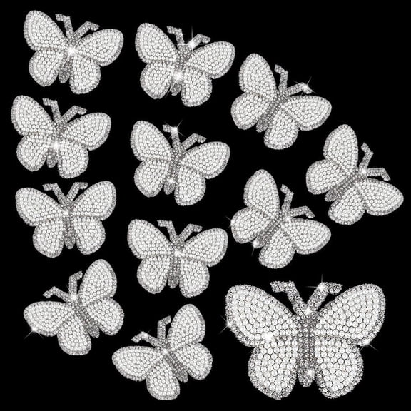 1 Set 10Pcs Butterfly Rhinestone with Plastic Pearl Cloth Patches Iron on Patches Rhinestone Trimming Jet White 60x80x3mm