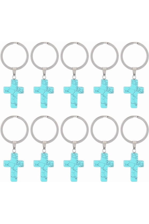 1 Set 10Pcs Dyed Synthetic Turquoise Keychain with 304 Stainless Steel Split Key Rings Cross 5.6cm Cross: 37.5x18x5.5mm