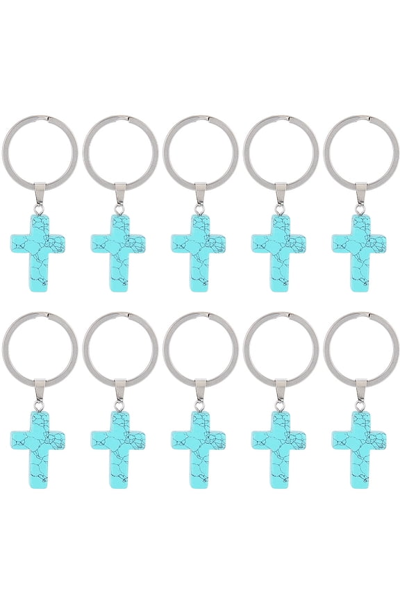1 Set 10Pcs Dyed Turquoise Keychain with 304 Stainless Steel Split Key Rings 5.6cm 37.5x18x5.5mm