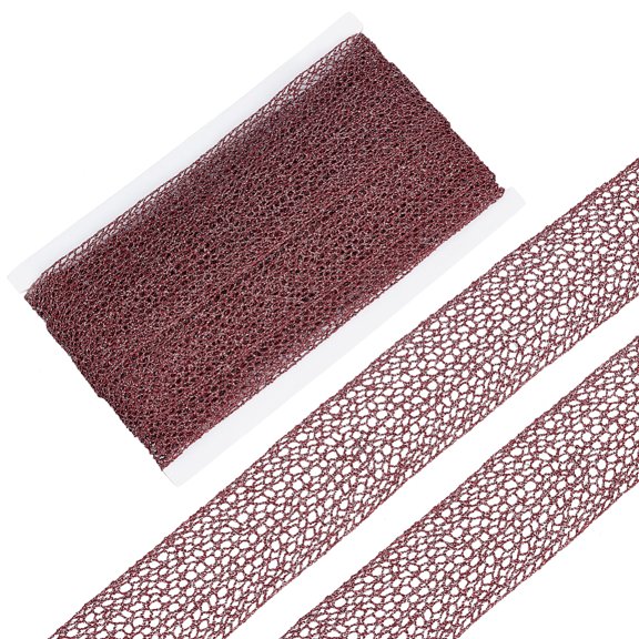 1 Set 12.5 Yards Sparkle Polyester Mesh Ribbon Hollow Ribbon Flat with 1Pc Thread Bobbins White Cards Dark Red 1-3/4 inch(44mm)DIY