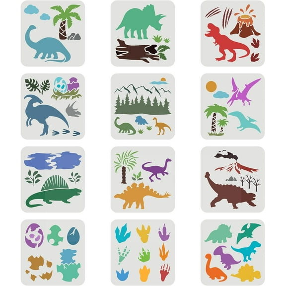 1 Set 12 Pcs Dinosaur Stencils 7.9x7.9 inch Dinosaur Forest Stencil Plastic Dinosaur Footprint Eggs Stencil Reusable Tyrannosaurus Pterosaur Pattern Stencil for DIY Scrapbooks Painting Crafts