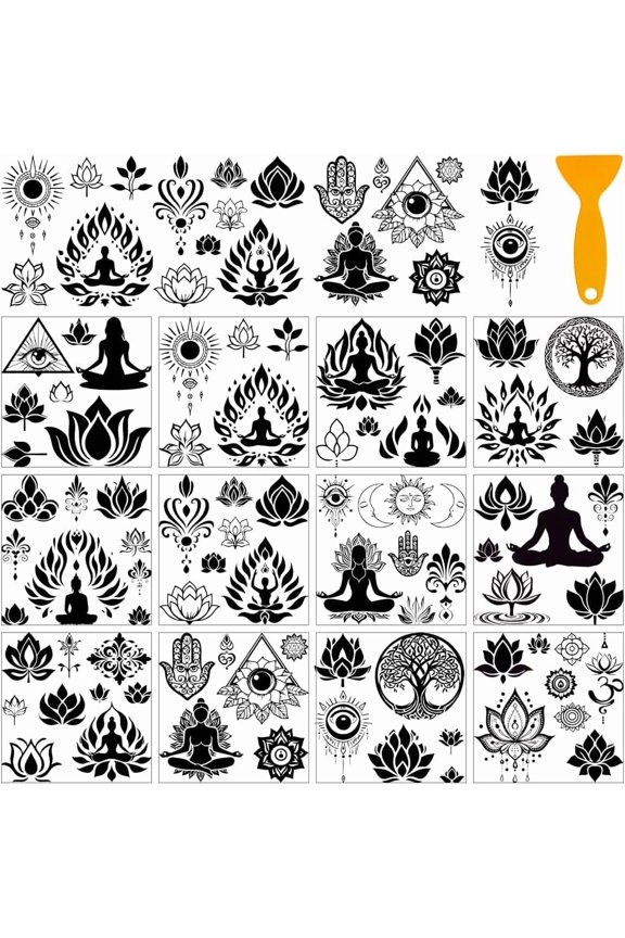 1 Set 12 Sheets 12 Style PVC Stickers Heat Transfer Film for Window Decoration 140x140mm 1 sheet/style for DIY