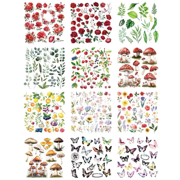 1 Set 12 Sheets 12 Style PVC Stickers Heat Transfer Film for Window Decoration Mixed Shapes 140x140mm 1 sheet/style for DIY