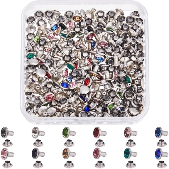 1 Set 120 Sets 12 Colors Brass Rhinestone Rivets Flat Round Semi-Tublar Rivets Collision Rivets Platinum Mixed Color 6.5x6mm 10 pcs/color