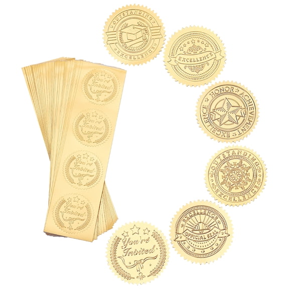 1 Set 120pcs 2" Round Gold Embossed Seals Stickers 6 Style Gold Foil Certificate Seals Vintage Embossed Gold Foil Certificate Seals for Invitation Envelope Seals-Excellence You're Invited