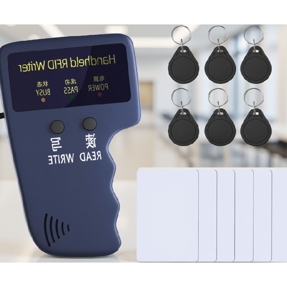 1 Set 125kHz RFID Handheld Reader Writer Duplicator with 6 T5577 Keyfobs and Cards, EM4305 CE5200 Compatible, Blue