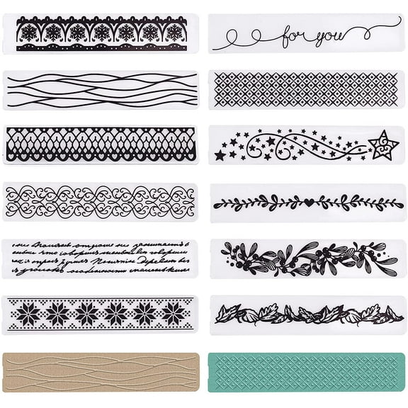 1 Set 12Pcs 12 Patterns Plastic Fondant Stencil Cake Baking Embossing Decoration Mold Cake Fondant Stencil Templates Crafts DIY Decoration Tools Rectangle Mixed Patterns 15x3x0.3cm 1pc/pattern