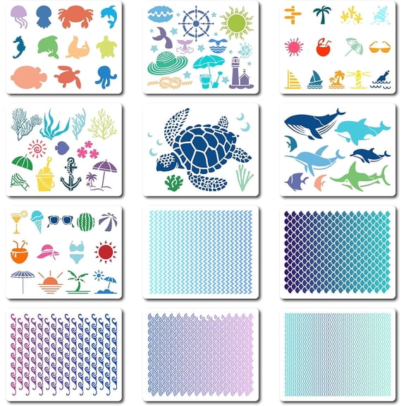 1 Set 12Pcs 12 Styles PET Plastic Hollow Out Drawing Painting Stencils Templates Rectangle Sea Animals 200x250mm 1pc/style for DIY