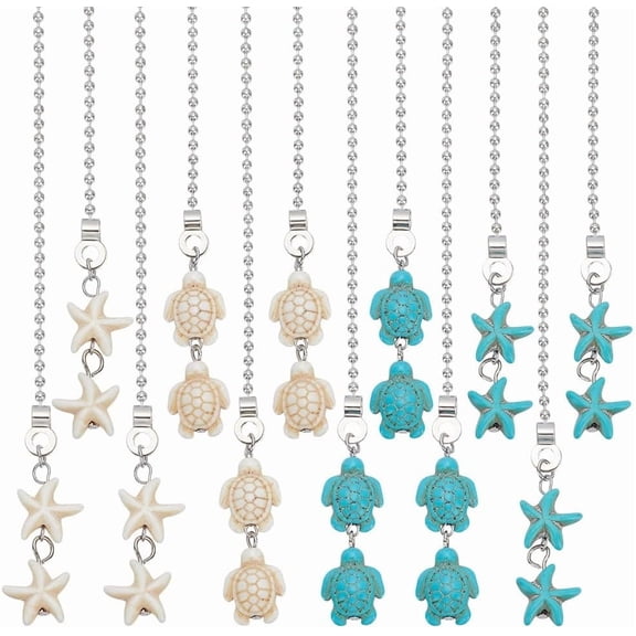 1 Set 12Pcs 4 Styles Synthetic Turquoise Charms Ceiling Fan Pull Chain Extenders with Iron Ball Chain Turtles & Starfish Mixed Color 357~362mm 3pcs/style