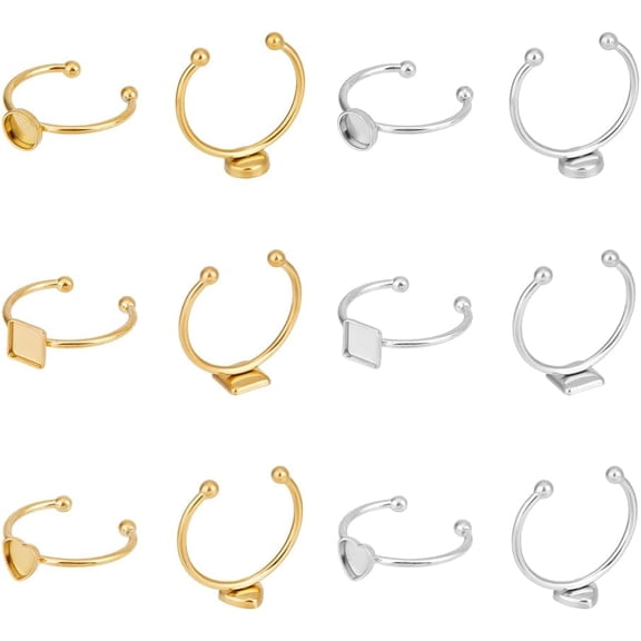 1 Set 12Pcs 6 Styles 304 Stainless Steel Open Cuff Ring Components Pad Ring Setting Mixed Shapes Mixed Color Tray: 6mm 1.5mm Adjustable 2pcs/style
