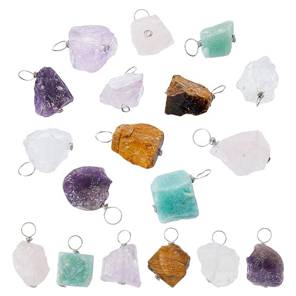 1 Set 12Pcs 6 Styles Raw Rough Natural Green Aventurine & Amethyst & Tiger Eye & Quartz Copper Wire Wrapped Charms Silver 20mm 2pcs/style