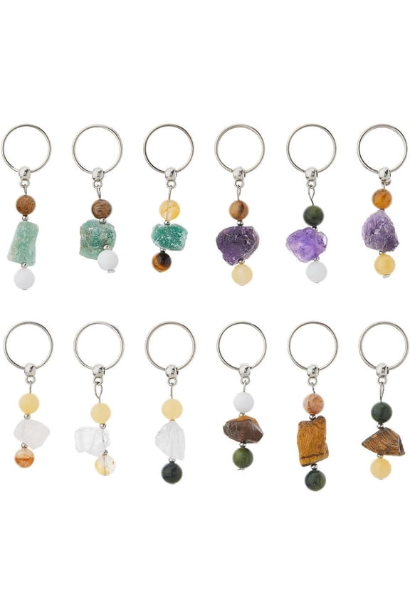 1 Set 12Pcs Natural Gemstone Keychain with Iron Findings 6cm 12pcs/set