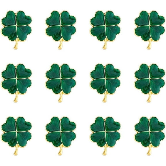 1 Set 12Pcs Saint Patrick's Day Alloy Enamel Shamrock Brooch Clover Enamel Pins Dark Green 25x20mm