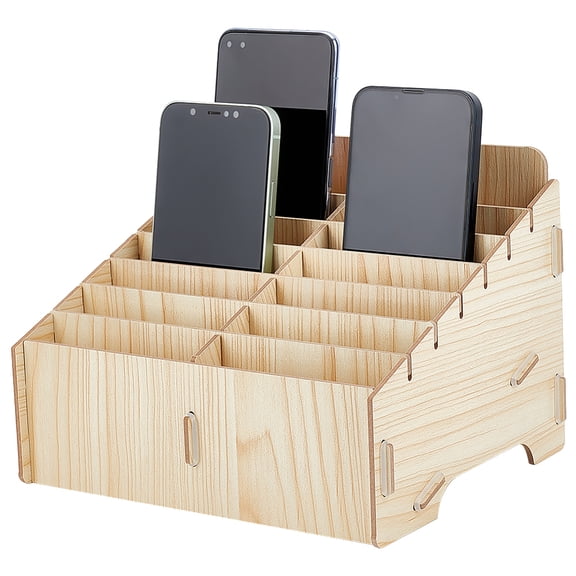 1 Set 14-Grid Detachable Wooden Cell Phone Storage Box Desktop Organizer Storage Box for Classroom Office Trapezoid Wheat 218x176x150mm
