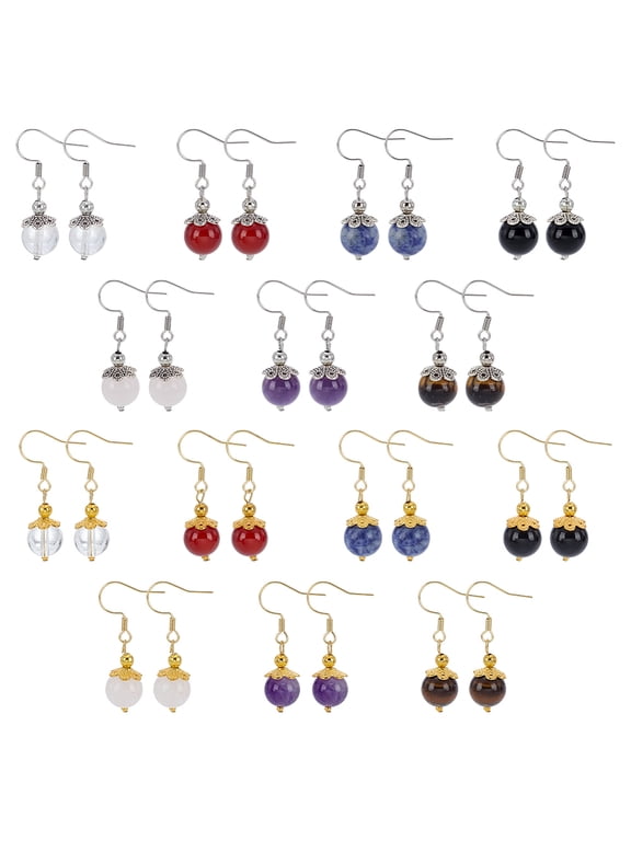 1 Set 14 Pairs 304 Stainless Steel Round Dangle Earrings with Natural Mixed Stone Golden & Stainless Steel Color 37mm