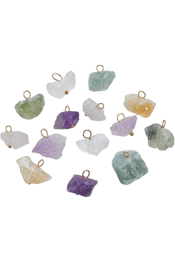1 Set 14 Pcs Natural Gemstone Pendants with Brass Findings 7 Color Irregular Raw Crystal Stone Pendants Handmade Stone Charms for Jewelry Making Necklace Bracelet Earring Pendants DIY Supply