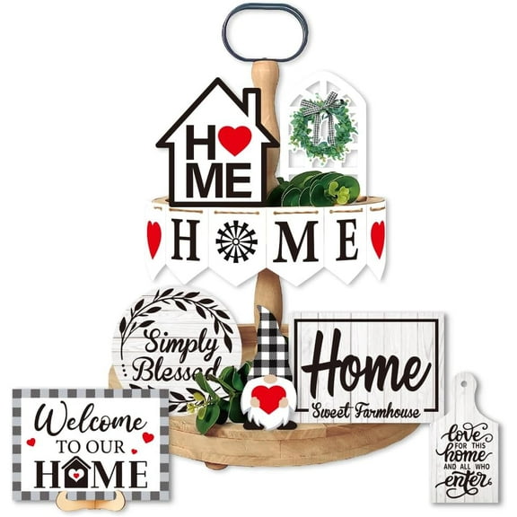 1 Set 14 Pieces Wooden Tiered Tray Stand Decor Home Gnome Farmhouse Tabletop Signs Decorative Home Simply Blessed Trays Table Top Decor for Home Farmhouse Rustic Kitchen Decorations White Style